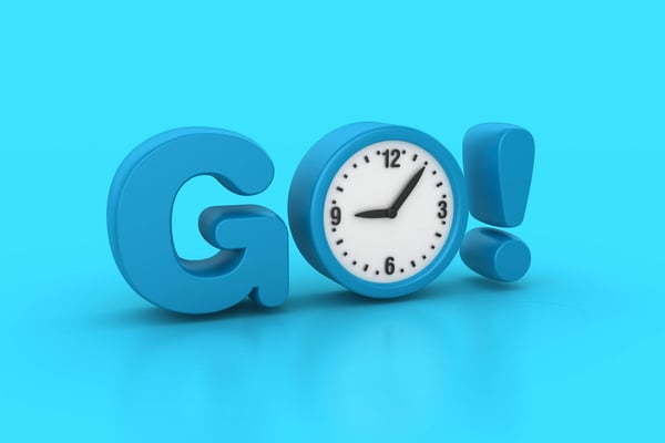 1 The word Go! with a clock set at nine on a blue background. It symbolizes that its time to start work.